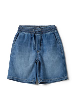 Pantalones cortos vaqueros azules con cintura elástica, cordón delantero, dos bolsillos laterales y costuras visibles sobre fondo blanco.