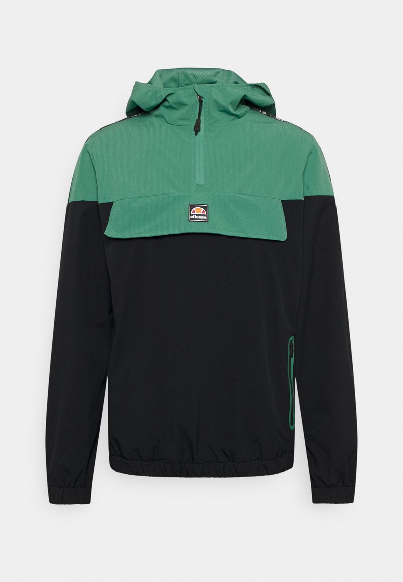 Grüne und schwarze leichte Jacke mit halbem Reißverschluss, Kapuze und elastischen Bündchen. Sie verfügt über eine Fronttasche mit Logo und eine seitliche Reißverschlusstasche.