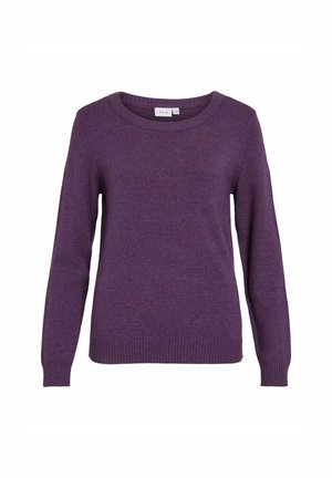 Lila Strickpullover mit Rundhalsausschnitt, langen Ärmeln und gerippten Bündchen sowie Saum. Hergestellt aus weichem, strukturiertem Material.
