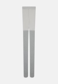 Leggings gris en matière semi-transparente sur le haut et en gris étincelant uni sur le bas. Texture lisse avec une taille confortable.