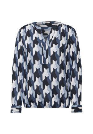 Blusa de manga larga estampada en tonos de marino, azul claro y blanco. Presenta un escote en V y un dobladillo elastizado con un corte holgado.
