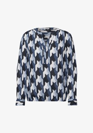 Bedruckte Bluse mit langen Ärmeln in Marineblau, Hellblau und Weiß. Sie hat einen V-Ausschnitt und einen elastischen Saum mit lockerer Passform.