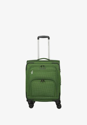 Valigia a mano morbida verde con quattro ruote nere girevoli, due tasche anteriori con cerniera, maniglia superiore per il trasporto e manico telescopico esteso.