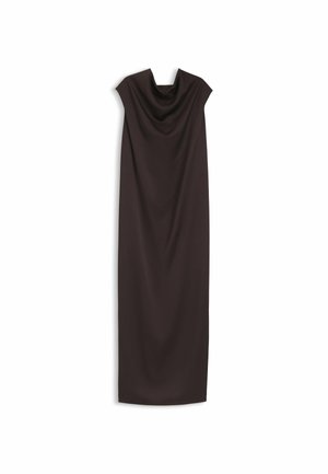 Long black sleeveless dress with a draped neckline, hanging flat against a white background.