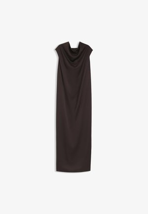 Long black sleeveless dress with a draped neckline, hanging flat against a white background.