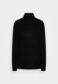 Maglione nero a collo alto a costine con maniche lunghe, caratterizzato da un colletto aderente e una vestibilità rilassata. Realizzato in un morbido tessuto spesso con dettagli minimi.