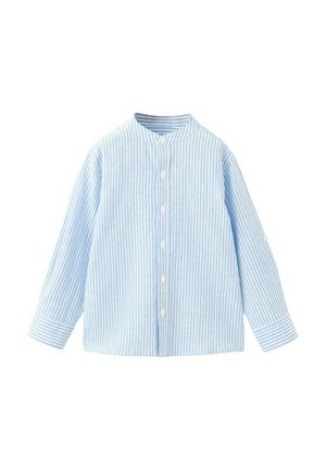 Lichtblauw-wit gestreept overhemd met lange mouwen, een opstaande kraag en witte knopen aan de voorkant.