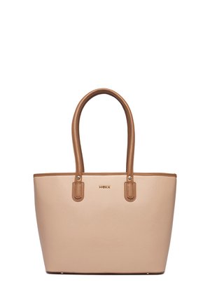 Beige Tragetasche mit braunen Griffen und Besatz, mit einem kleinen goldenen "Mexx"-Logo vorne in der Mitte.