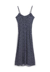 Navy blue dress with white floral print, spaghetti straps, gathered bodice, and flowing skirt. Made of lightweight fabric.