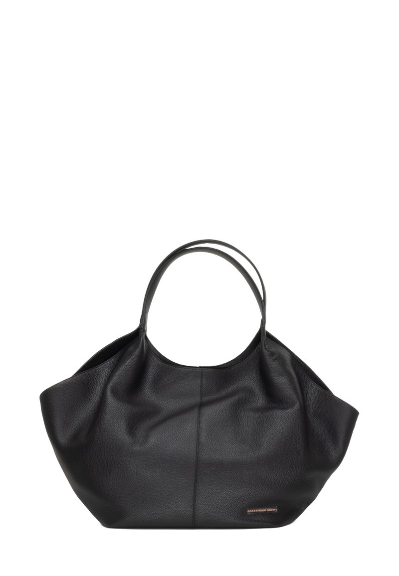 Borsa a tote in pelle nera con finitura testurizzata, forma morbida e arrotondata, dotata di due manici. Presenta un accento discreto con il logo sul lato.