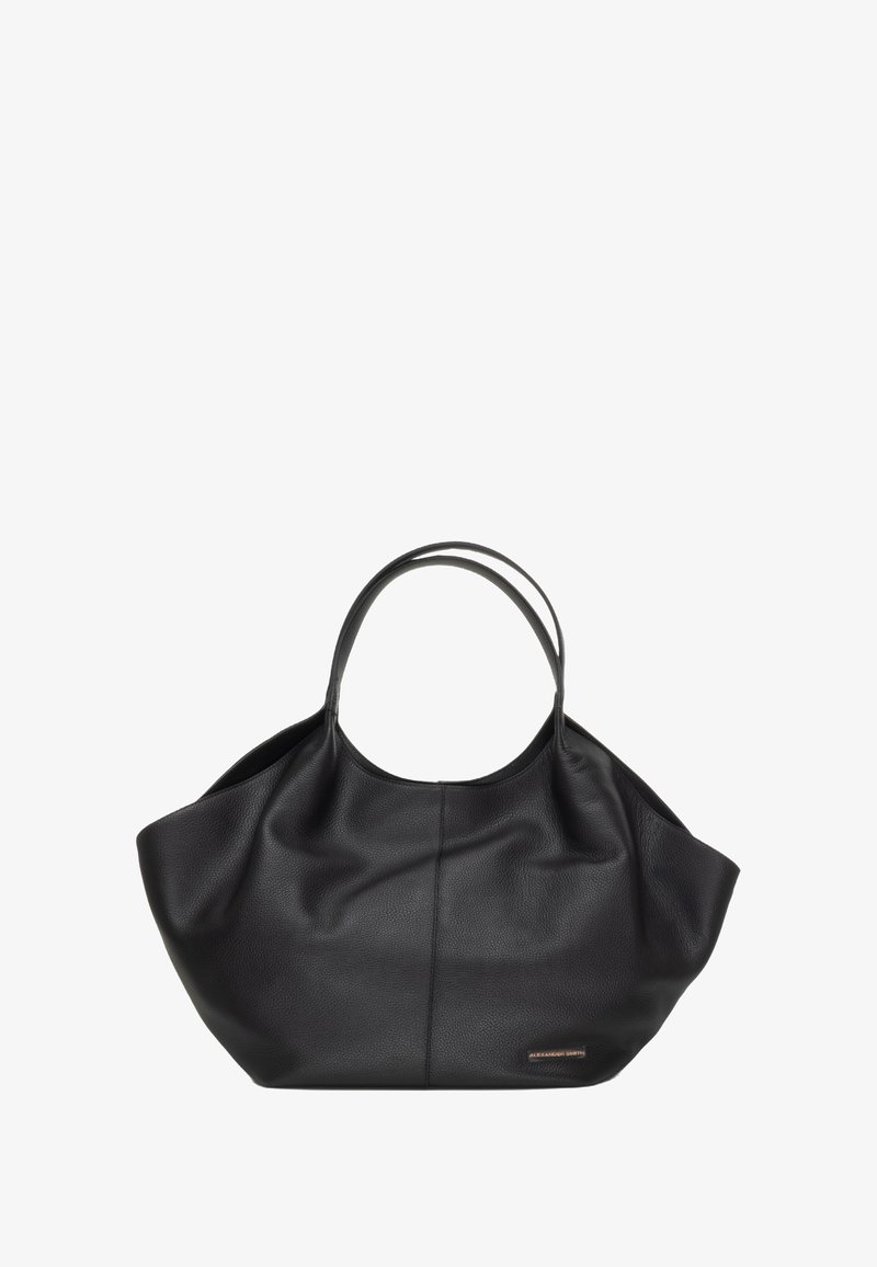 Borsa a tote in pelle nera con finitura testurizzata, forma morbida e arrotondata, dotata di due manici. Presenta un accento discreto con il logo sul lato.