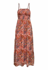 Maxime dress with thin straps, smocked bodice and flowing skirt. Features a colorful, abstract pattern in pink, orange, and blue shades.
