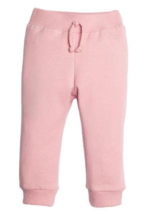Miękkie różowe spodnie dresowe dla malucha z prążkowanym pasem, sznurkiem i prążkowanymi mankietami.