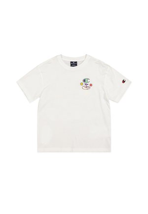 Weißes Baumwoll-T-Shirt mit einem mehrfarbigen Logodesign auf der Brust und einem kleinen Logo-Patch am Ärmel. Kurze Ärmel, Rundhals.