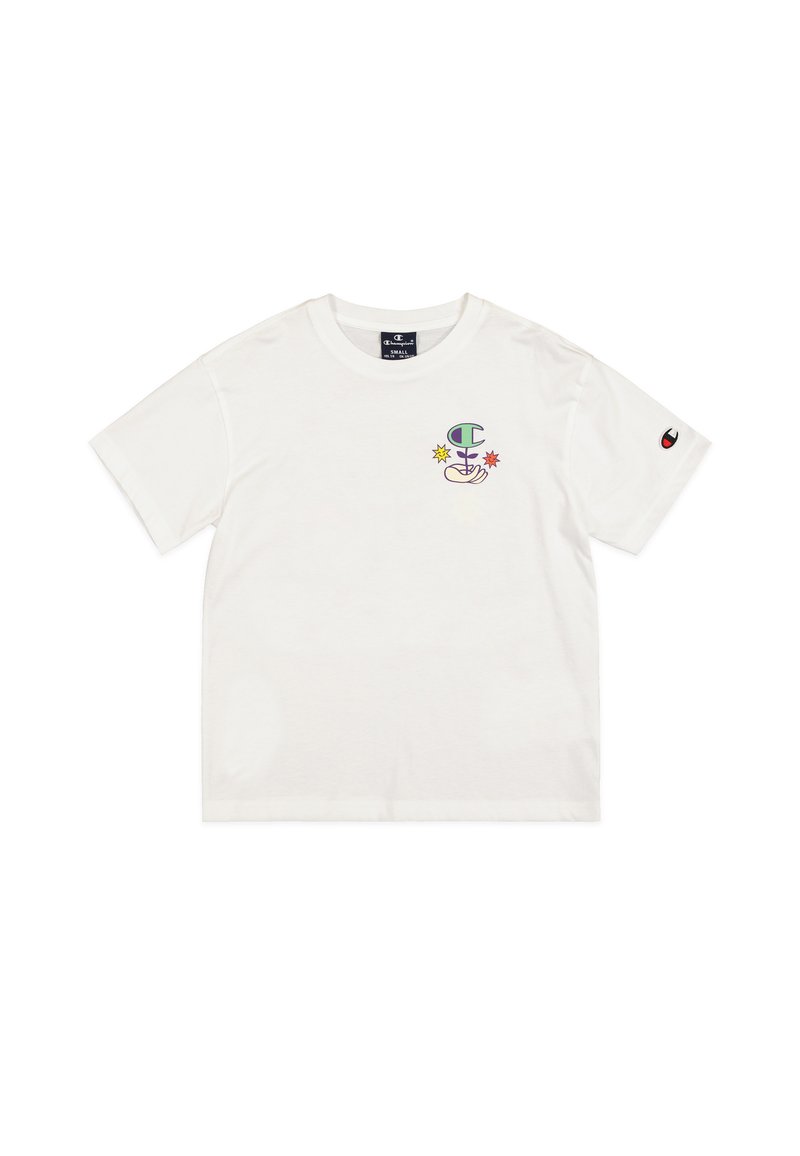 Witte katoenen t-shirt met een kleurrijk logo ontwerp op de borst en een klein logo-patch op de mouw. Korte mouwen, ronde hals.