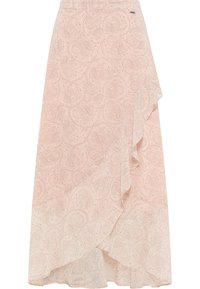 Lyserød nederdel med paisley-mønster, der har en volangkant og elastisk talje. Fremstillet af letvægtsstof med en subtil glans.