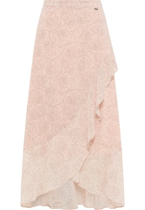 Roosa seelik, millel on paisleimuster, rüükiga serv ja elastne vöökoht. Valmistatud kergest kangast, millel on peen sära.