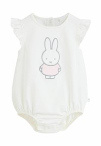 Biały bawełniany bodysuit z krótkimi falbankami, z szaro-różową grafiką królika z przodu, zapięcie na napy na dole.