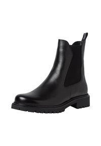 Bottines Chelsea en cuir noir avec des panneaux élastiques sur les côtés, un bout arrondi et une semelle en caoutchouc robuste, comportant des accents de couture minimaux.