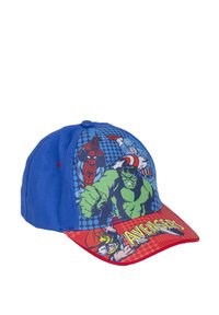 Cappello blu con grafiche in stile fumetto di supereroi, visiera rossa e il testo audace "The Avengers" sulla parte anteriore. Tessuto strutturato.