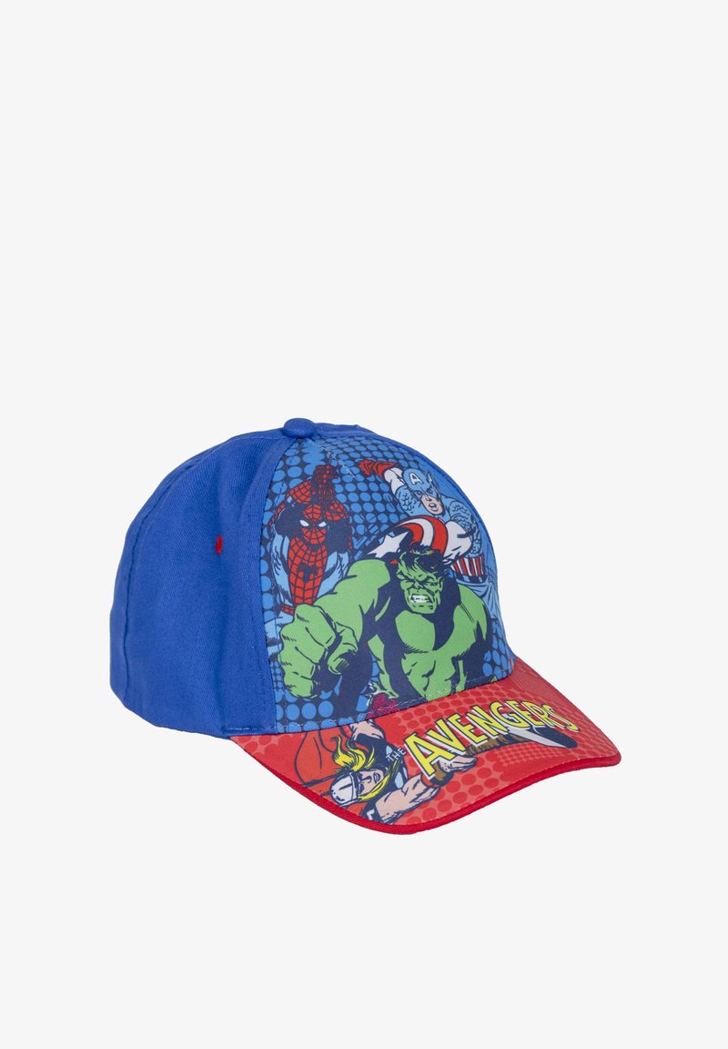 Cappello blu con grafiche in stile fumetto di supereroi, visiera rossa e il testo audace "The Avengers" sulla parte anteriore. Tessuto strutturato.