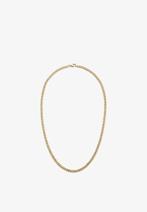 Gouden ketting met gladde, in elkaar grijpende schakels, voorzien van een eenvoudige sluiting. Het ontwerp is strak en uniform in kleur en textuur.