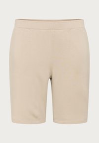 Shorts beiges en tissu doux mélangé de coton, dotés d'une ceinture élastique et d'une coupe droite, sans motifs ni accents visibles.