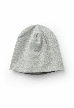 Berretto grigio realizzato in morbido tessuto testurizzato. Presenta una cima arrotondata e una vestibilità aderente con un discreto motivo melangiato.
