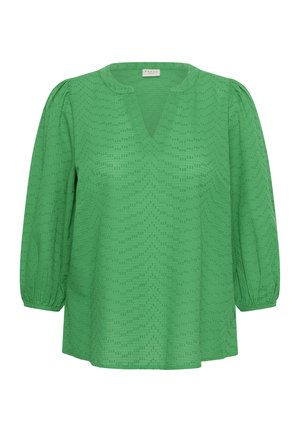 Bluza verde cu textură subtilă în formă de chevron, mâneci bufante 3/4, decolteu cu șliț și manșete elastice.