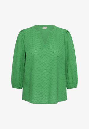 Bluza verde cu textură subtilă în formă de chevron, mâneci bufante 3/4, decolteu cu șliț și manșete elastice.