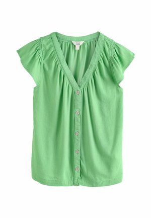 Zielona bluzka z krótkim rękawem, dekoltem w kształcie litery V, zapinana z przodu na guziki, z marszczonymi detalami na ramionach i przy dekolcie.