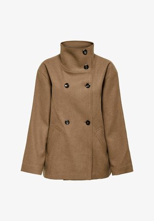 Brun uldblandet frakke med høj krave, dobbeltknappet design og sorte knapper. Har to sidelommer og en lige pasform.
