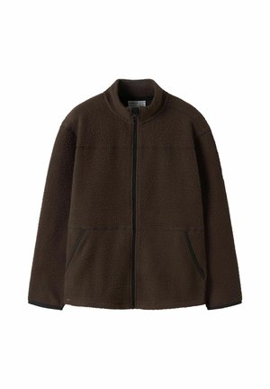 Veste en polaire marron foncé avec fermeture éclair intégrale sur le devant, col montant, manches longues et deux poches avant avec bordure noire.