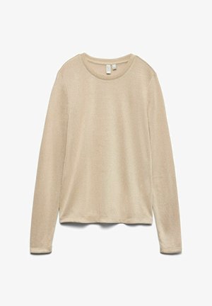 Šviesiai rudos spalvos ilgomis rankovėmis palaidinė, pagaminta iš minkštos medžiagos su lengvu tekstūru, turinti apvalų iškirpimą ir laisvą siluetą.