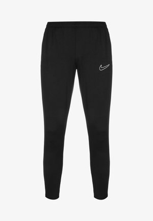 Schwarze, slim-fit, sportliche Hose mit elastischem Bündchen und weißem Nike-Swoosh-Logo am oberen linken Oberschenkel.