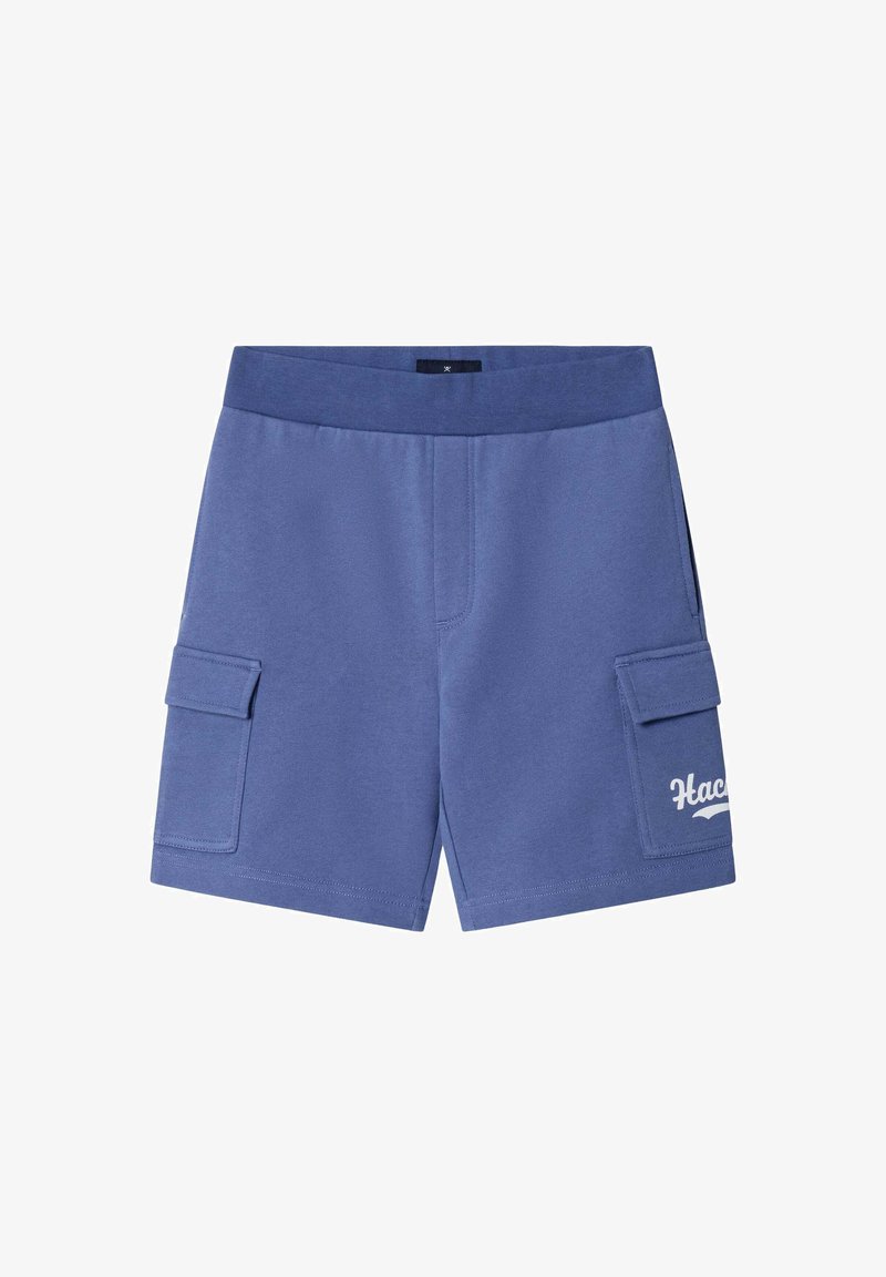 Blaue Freizeit-Shorts mit elastischem Bund und seitlichen Cargotaschen, mit weiß gedrucktem Text auf der rechten Tasche.