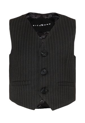 Gilet formale nero a righe con tre bottoni neri e due tasche frontali a filetto, dotato di fodera interna decorata e etichetta "John Richmond".