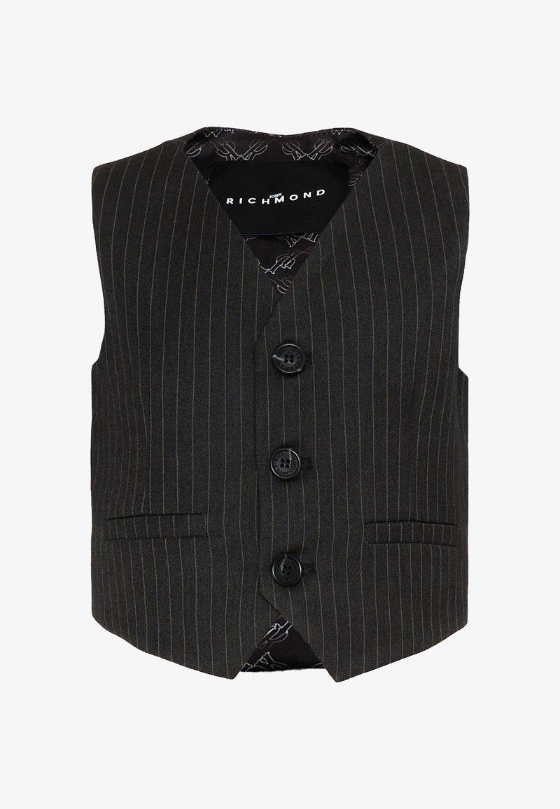 Gilet formel noir à fines rayures avec trois boutons noirs et deux poches passepoilées à l’avant, avec doublure intérieure à motifs et étiquette « John Richmond ».
