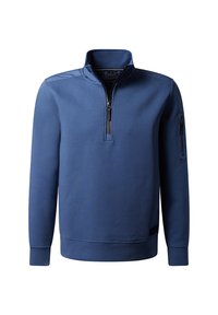 Pullover azzurro a maniche lunghe con zip a un quarto, colletto alto, tasca con zip sulla manica e bordi a coste sullo sfondo bianco.