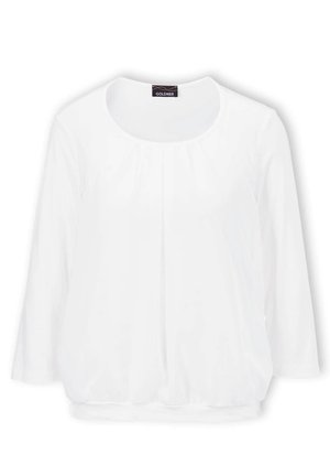 Blouse blanche à manches longues avec un col rond, en tissu doux et détails de plis subtils à l'avant. Coupe ample avec ourlet arrondi.