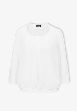 Blouse blanche à manches longues avec un col rond, en tissu doux et détails de plis subtils à l'avant. Coupe ample avec ourlet arrondi.