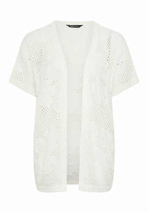 Gilet en tricot blanc à manches courtes avec ouverture sur le devant, orné de motifs floraux et de maille, conçu pour être léger et respirant.