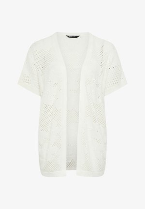 Hvid åben-front kortærmet strikket cardigan med blomster- og netmønstre, letvægts- og åndbar design.