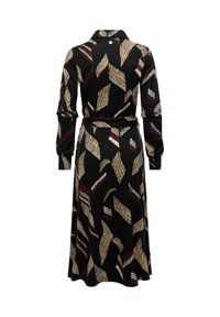 Abito nero con maniche lunghe e colletto, caratterizzato da un design a motivo in oro, verde e bordeaux su tessuto morbido. Include una cintura in vita.