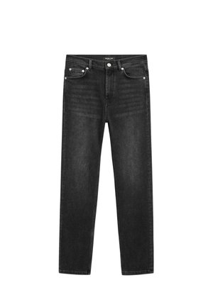 Black denim jeans with a straight cut, featuring a smooth texture, five-pocket design, and metallic hardware accents at the waist.
