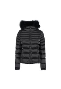 Giubbotto piumino nero con zip frontale, design a righe orizzontali e cappuccio in pelliccia nera staccabile. Presenta polsini elasticizzati per una vestibilità aderente.