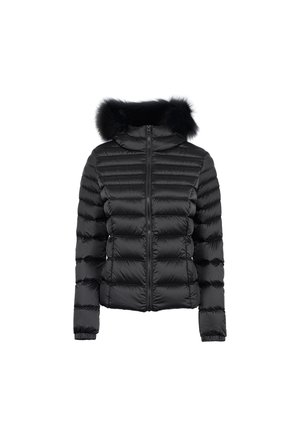 Giubbotto piumino nero con zip frontale, design a righe orizzontali e cappuccio in pelliccia nera staccabile. Presenta polsini elasticizzati per una vestibilità aderente.