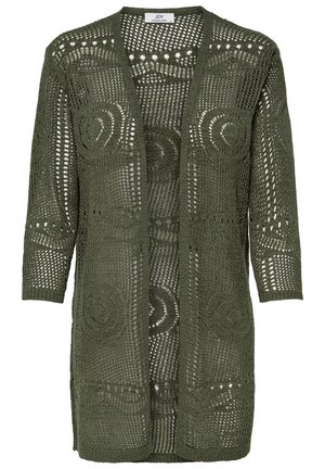 Otevřený kardigan délky ke kolenům v barvě olivově zelené, háčkovaný, s dlouhými rukávy a kruhovými pletenými vzory po celém materiálu.