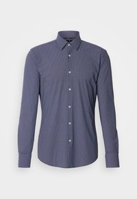 Camicia a maniche lunghe blu navy con un piccolo motivo geometrico bianco, chiusura frontale a bottoni, colletto a punta e design a vestibilità standard.