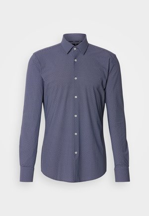 Navy zila krekls ar garām piedurknēm, ar mazu baltu ģeometrisku rakstu, pogājamā priekšpuse, norādīta apkakle un standarta piegriezums.